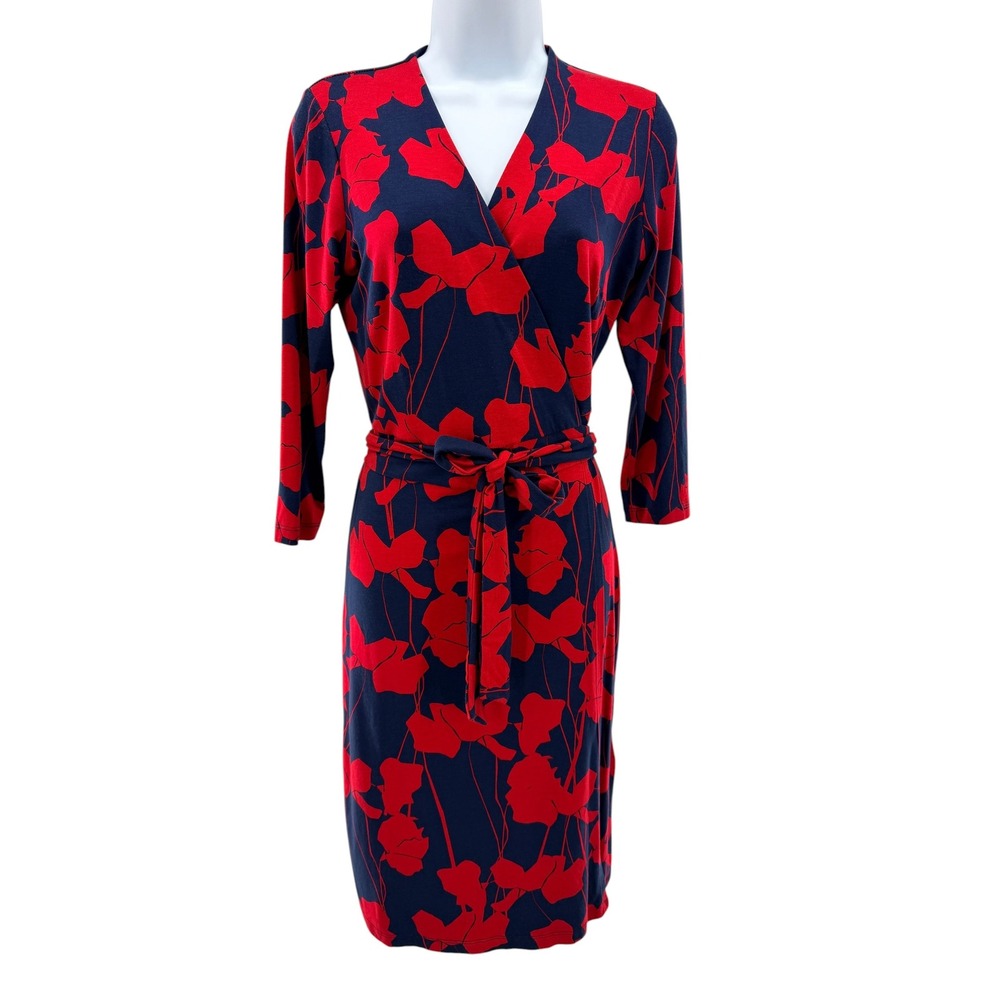 Hobbs London Navy Red Floral Poppy Wrap Dress 3/4 Sleeve 6 Jersey Knee Office